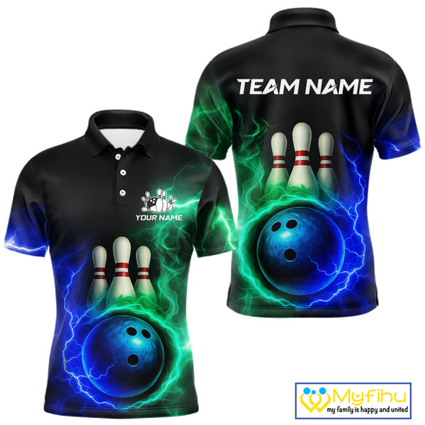 Blue and Green Lightning thunder Black Bowling Shirts For Men custom Bowling Team Jerseys NQS10379