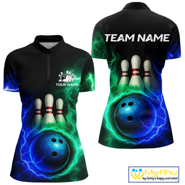 Blue and Green Lightning thunder Black Bowling Shirts For Women custom Bowling Team Jerseys NQS10379