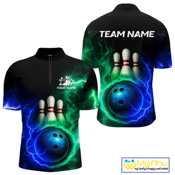 Blue and Green Lightning thunder Black Bowling Shirts For Men custom Bowling Team Jerseys NQS10379