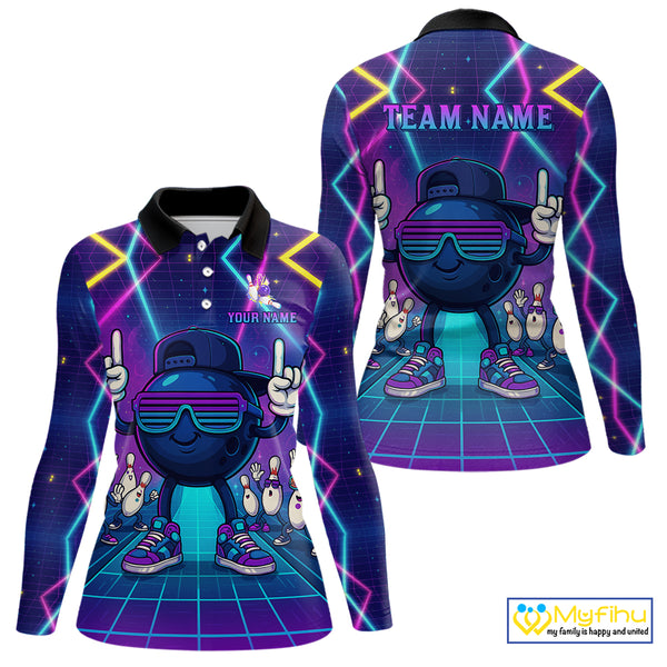 Purple neon stage funny Bowling polo, quarter zip shirts for Women Custom funny bowling team shirts NQS10299