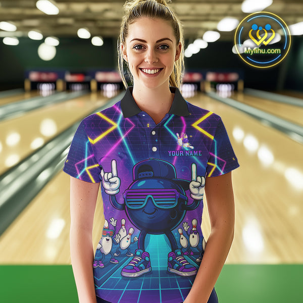 Purple neon stage funny Bowling polo, quarter zip shirts for Women Custom funny bowling team shirts NQS10299