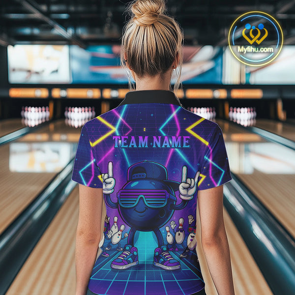 Purple neon stage funny Bowling polo, quarter zip shirts for Women Custom funny bowling team shirts NQS10299