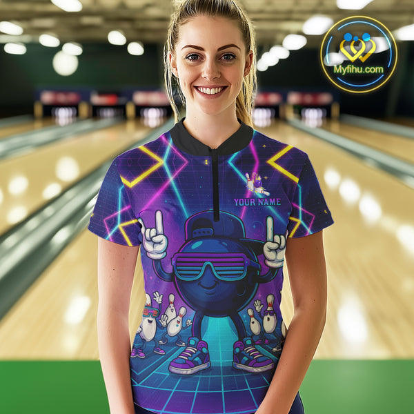 Purple neon stage funny Bowling polo, quarter zip shirts for Women Custom funny bowling team shirts NQS10299