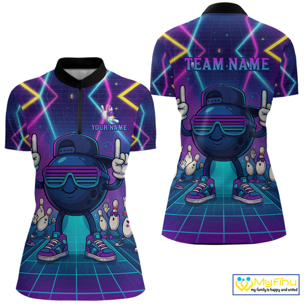 Purple neon stage funny Bowling polo, quarter zip shirts for Women Custom funny bowling team shirts NQS10299
