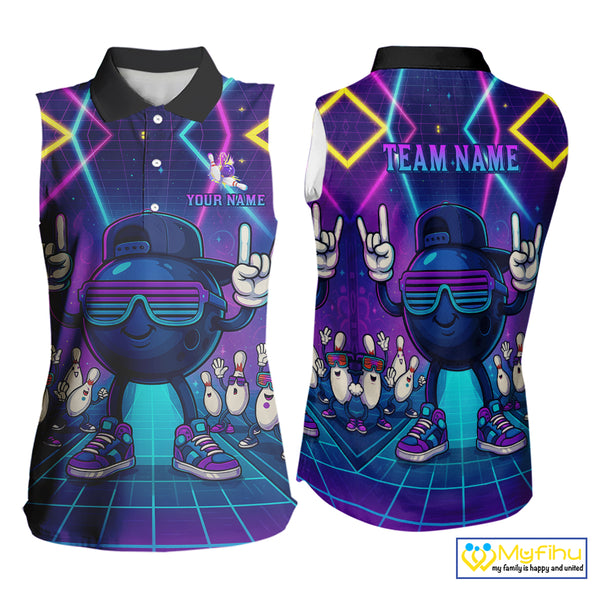 Purple neon stage funny Bowling Sleeveless Polo shirt Custom funny bowling team shirts NQS10299