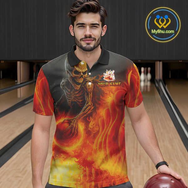 Orange Flame Skull reaper Bowling polo, quarter zip shirts for Men Custom skull bowling team jersey NQS10300