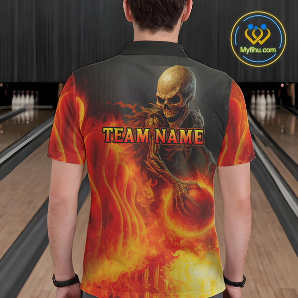 Orange Flame Skull reaper Bowling polo, quarter zip shirts for Men Custom skull bowling team jersey NQS10300