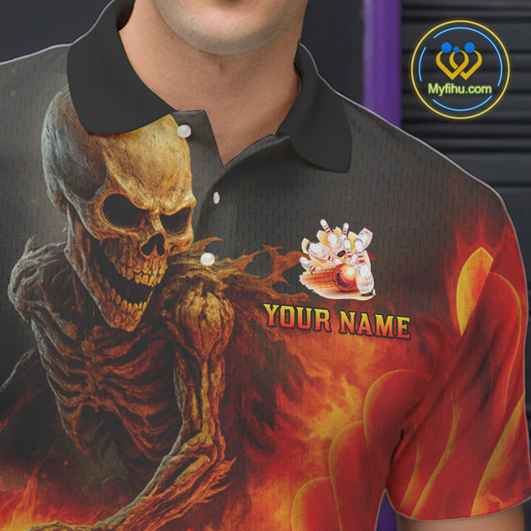 Orange Flame Skull reaper Bowling polo, quarter zip shirts for Men Custom skull bowling team jersey NQS10300