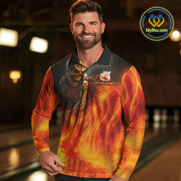 Orange Flame Skull reaper Bowling polo, quarter zip shirts for Men Custom skull bowling team jersey NQS10300