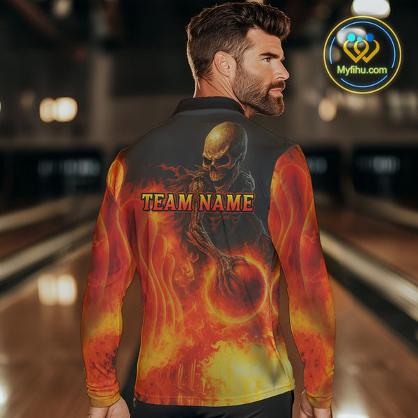 Orange Flame Skull reaper Bowling polo, quarter zip shirts for Men Custom skull bowling team jersey NQS10300