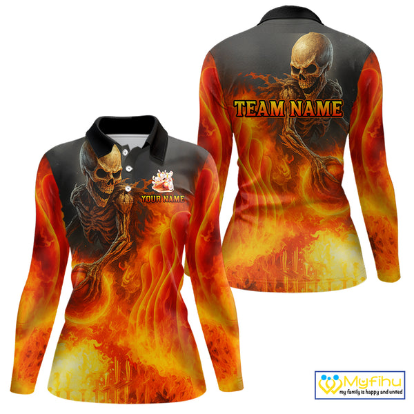 Orange Flame Skull reaper Bowling polo, quarter zip shirts for Women Custom skull bowling team jersey NQS10300