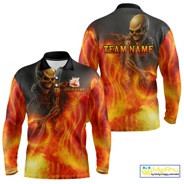 Orange Flame Skull reaper Bowling polo, quarter zip shirts for Men Custom skull bowling team jersey NQS10300