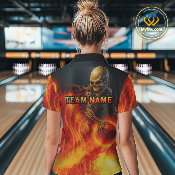 Orange Flame Skull reaper Bowling polo, quarter zip shirts for Women Custom skull bowling team jersey NQS10300