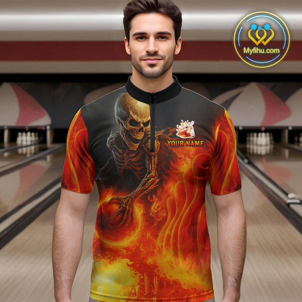 Orange Flame Skull reaper Bowling polo, quarter zip shirts for Men Custom skull bowling team jersey NQS10300