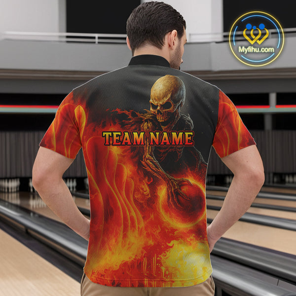 Orange Flame Skull reaper Bowling polo, quarter zip shirts for Men Custom skull bowling team jersey NQS10300