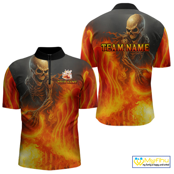 Orange Flame Skull reaper Bowling polo, quarter zip shirts for Men Custom skull bowling team jersey NQS10300