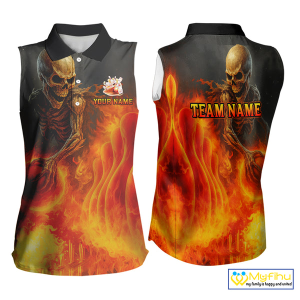 Orange Flame Skull reaper Bowling Sleeveless Polo shirt Custom skull bowling team jersey NQS10300