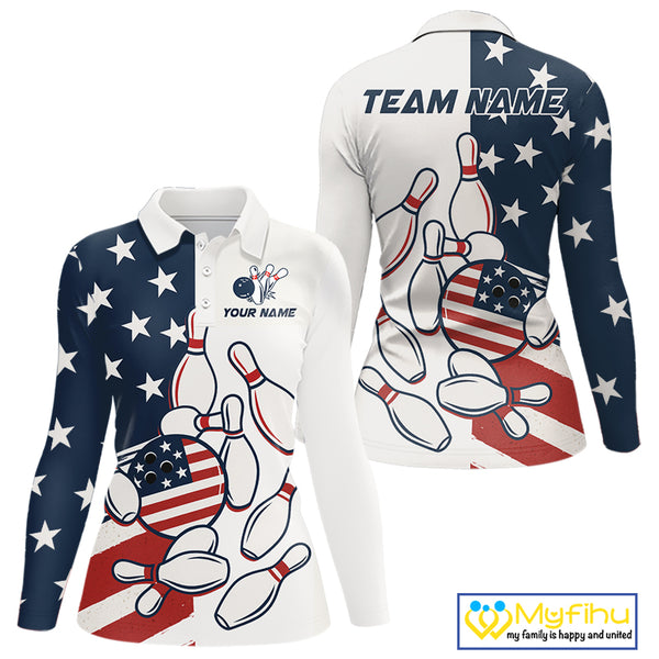 Custom American flag Bowling Shirt For Women personalized red, white and blue patriotic bowling shirt NQS10313
