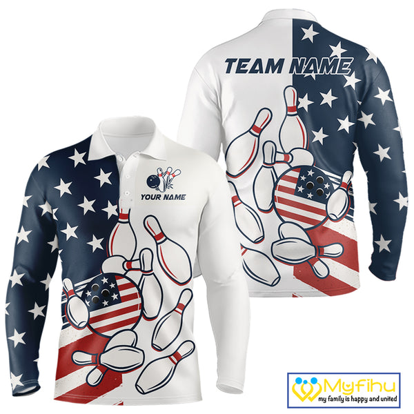 Custom American flag Bowling Shirt For Men personalized red, white and blue patriotic bowling shirts NQS10313
