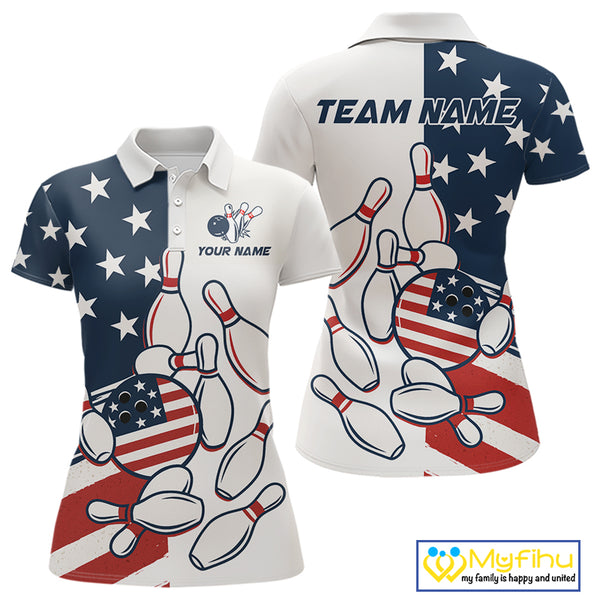 Custom American flag Bowling Shirt For Women personalized red, white and blue patriotic bowling shirt NQS10313