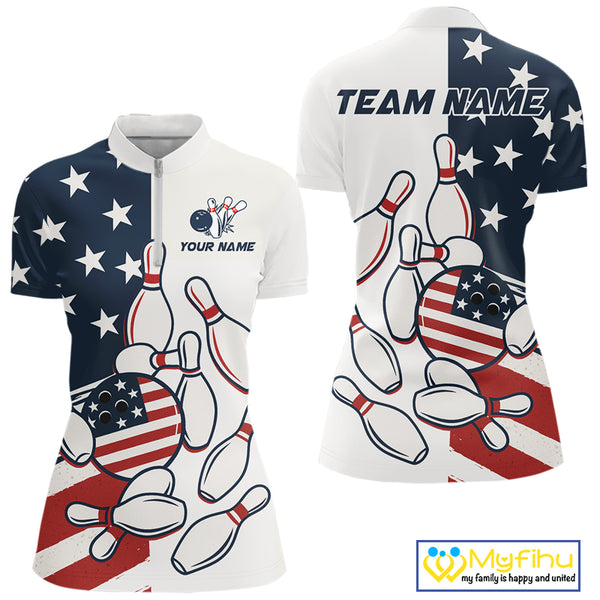Custom American flag Bowling Shirt For Women personalized red, white and blue patriotic bowling shirt NQS10313