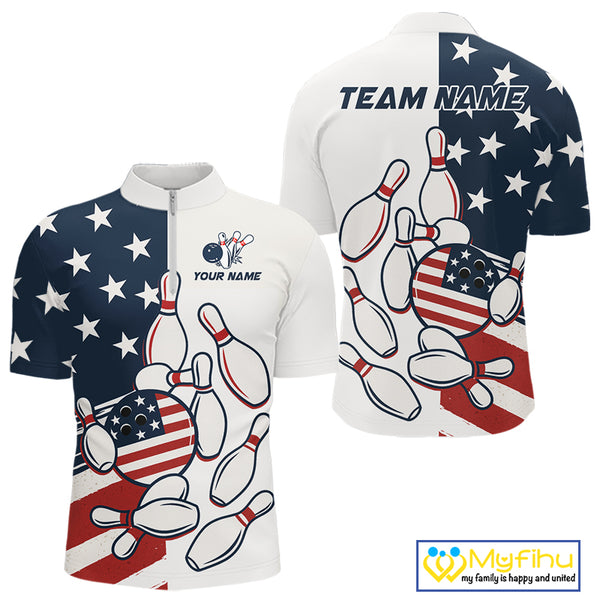 Custom American flag Bowling Shirt For Men personalized red, white and blue patriotic bowling shirts NQS10313