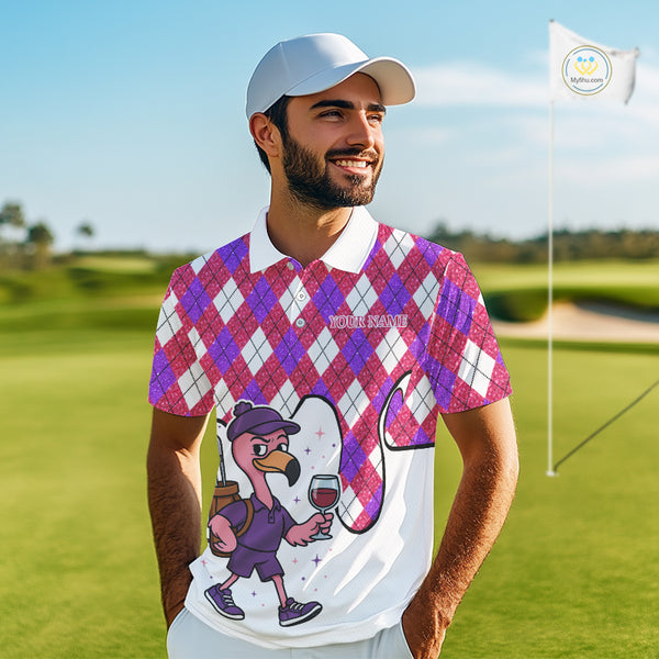 Pink & purple glitter argyle pattern Flamingo Men golf polo shirt Custom weekend forecast golf & wine NQS10325