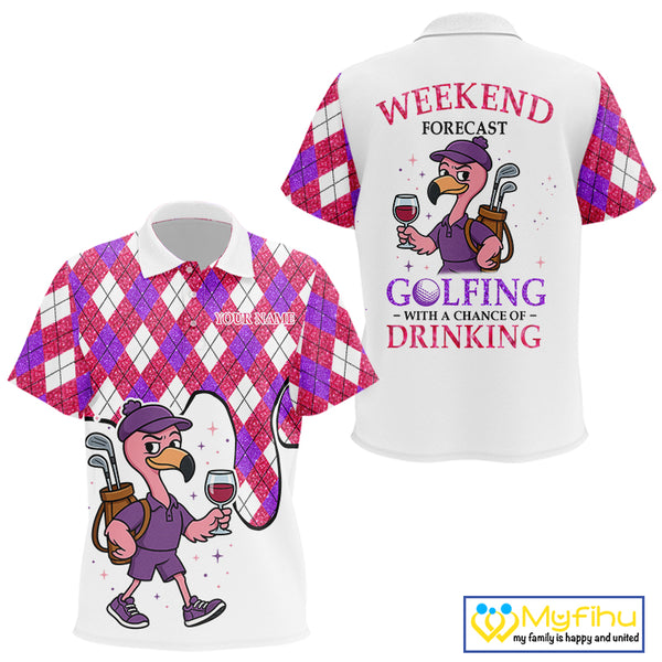 Pink purple glitter argyle pattern Flamingo Kid golf polo shirt Custom weekend forecast golf & wine NQS10325
