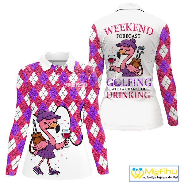 Pink purple glitter argyle pattern Flamingo Women golf polo shirt Custom weekend forecast golf & wine NQS10325