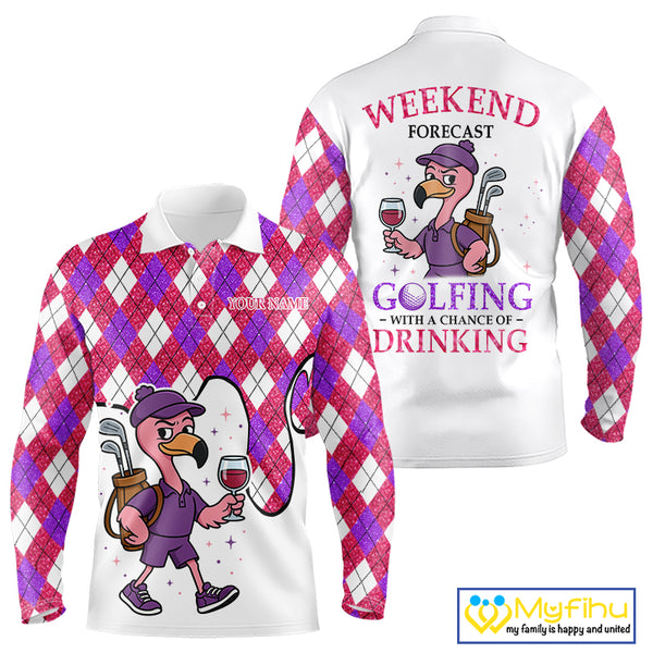 Pink & purple glitter argyle pattern Flamingo Men golf polo shirt Custom weekend forecast golf & wine NQS10325