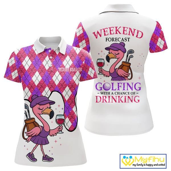 Pink purple glitter argyle pattern Flamingo Women golf polo shirt Custom weekend forecast golf & wine NQS10325