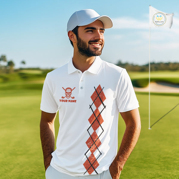 Orange argyle plaid pattern Skull White Golf polo shirts for men custom Halloween mens golf attire NQS10357