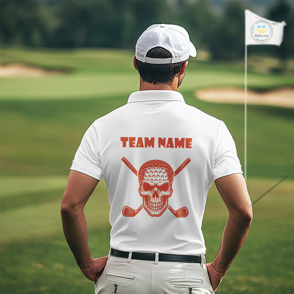Orange argyle plaid pattern Skull White Golf polo shirts for men custom Halloween mens golf attire NQS10357