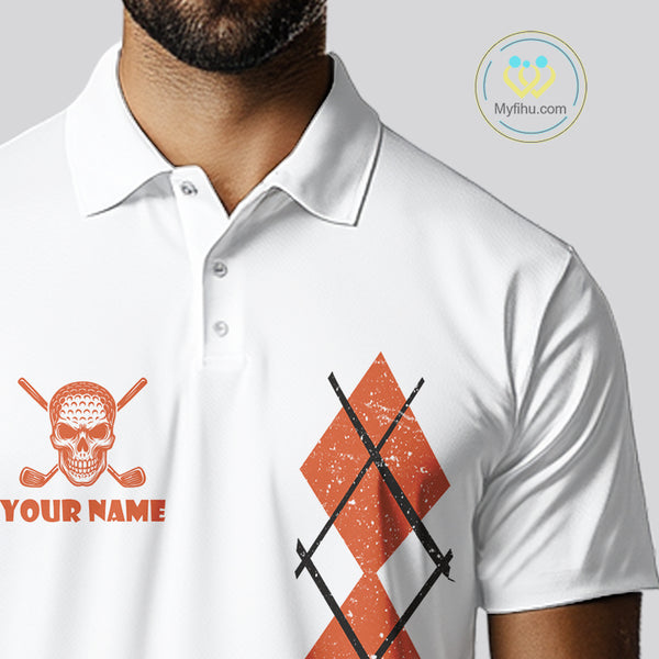 Orange argyle plaid pattern Skull White Golf polo shirts for men custom Halloween mens golf attire NQS10357