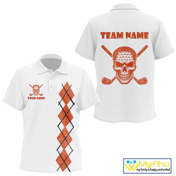 Orange argyle plaid pattern Skull White Golf polo shirt for Kid custom Halloween Kid golf attire NQS10357