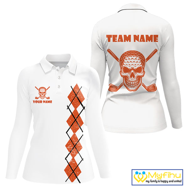 Orange argyle plaid pattern Skull White Golf polo shirt for Women custom Halloween ladies golf attire NQS10357
