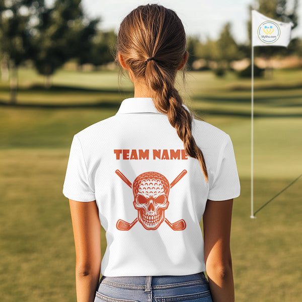 Orange argyle plaid pattern Skull White Golf polo shirt for Women custom Halloween ladies golf attire NQS10357