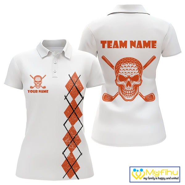 Orange argyle plaid pattern Skull White Golf polo shirt for Women custom Halloween ladies golf attire NQS10357