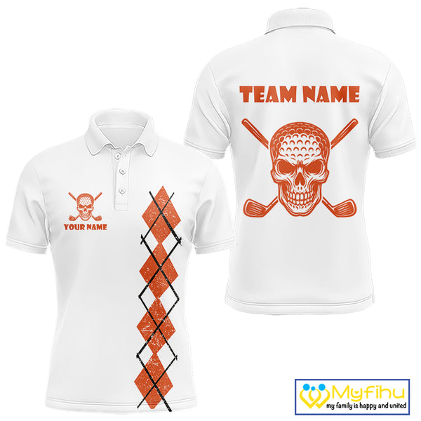 Orange argyle plaid pattern Skull White Golf polo shirts for men custom Halloween mens golf attire NQS10357