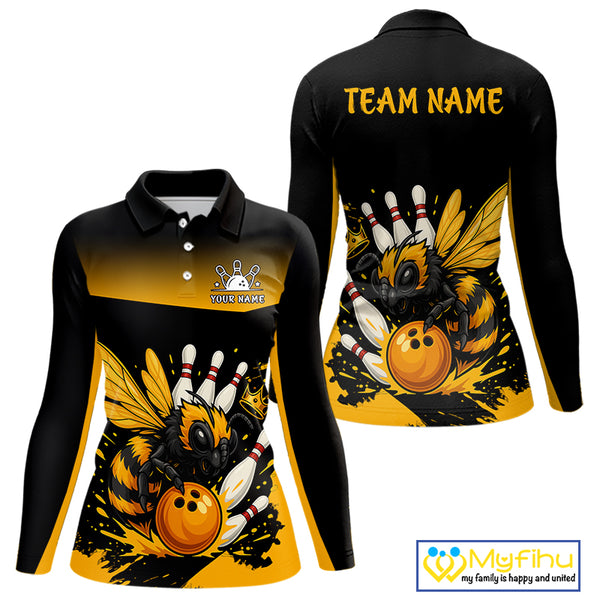 Custom Black and Yellow Bee Bowling Polo, 1/4 Zip Shirts For Women, Bee Bowling Team Bowlers Outfit NQS10361
