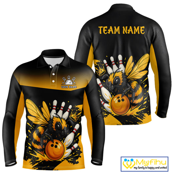Custom Black and Yellow Bee Bowling Polo, Quarter Zip Shirts For Men, Bee Bowling Team Bowlers Outfit NQS10361
