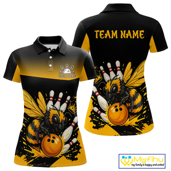 Custom Black and Yellow Bee Bowling Polo, 1/4 Zip Shirts For Women, Bee Bowling Team Bowlers Outfit NQS10361
