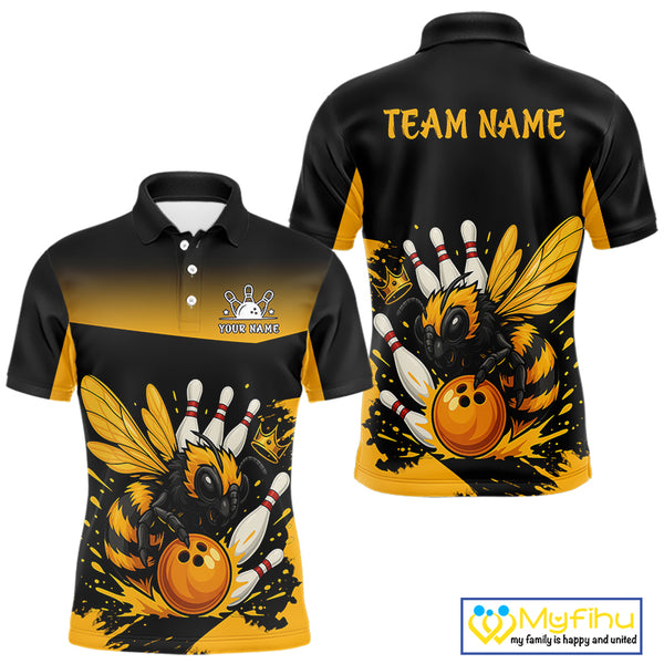 Custom Black and Yellow Bee Bowling Polo, Quarter Zip Shirts For Men, Bee Bowling Team Bowlers Outfit NQS10361