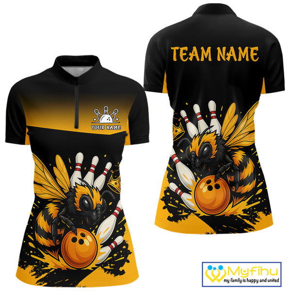 Custom Black and Yellow Bee Bowling Polo, 1/4 Zip Shirts For Women, Bee Bowling Team Bowlers Outfit NQS10361