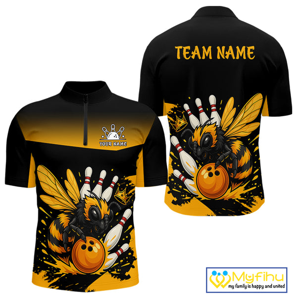 Custom Black and Yellow Bee Bowling Polo, Quarter Zip Shirts For Men, Bee Bowling Team Bowlers Outfit NQS10361