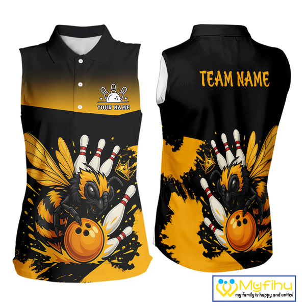 Custom Black and Yellow Bee Bowling Sleeveless Polo Shirt, Bee Bowling Team Bowlers Outfit NQS10361
