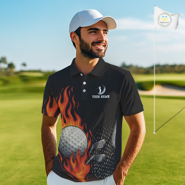 Flame Golf ball black Golf polo shirt for men Custom Mens golf top, personalized golf gifts NQS10364