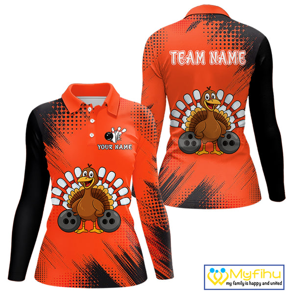 Custom Orange Turkey Bowling Shirt For Women, Thanksgiving Bowling Team Jersey Bowler Outfit NQS10369