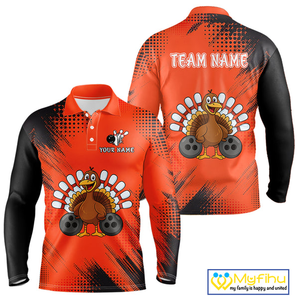Custom Orange Turkey Bowling Shirt For Men, Thanksgiving Bowling Team Jersey Bowler Outfit NQS10369