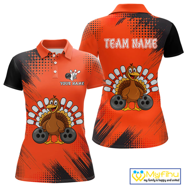 Custom Orange Turkey Bowling Shirt For Women, Thanksgiving Bowling Team Jersey Bowler Outfit NQS10369